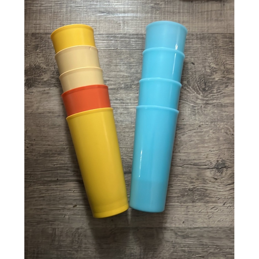 Vintage Tupperware Cups Tumblers Assorted Sizes Blue Yellow Orange Set of 10